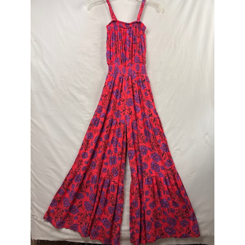 Jessica Simpson Jumpsuit Women XS Red Romper Floral Smocked Tiered Wide Leg
